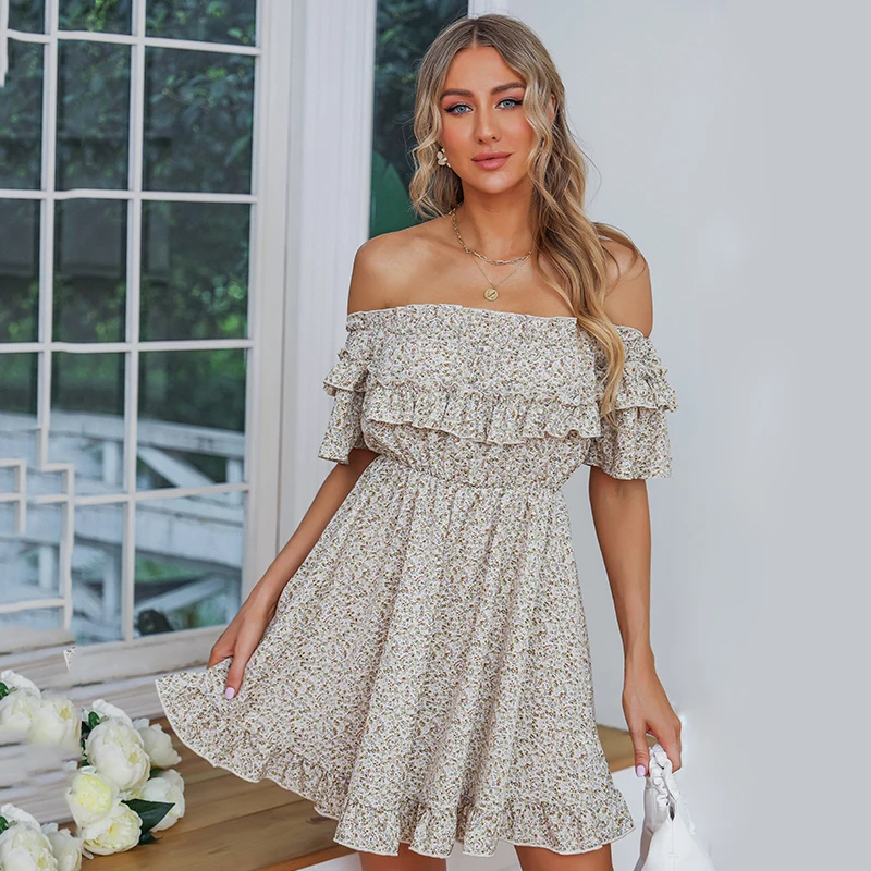 2021 Wholesale Factory Price Fashion Women Summer Short sleeve off shoulder Chiffon Multicolor Floral print Casual Dress