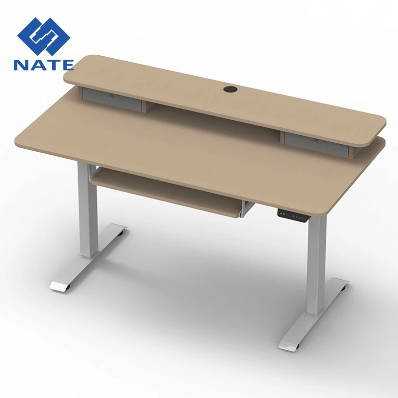 2JRF2A-D Double layer electric office table sit stand desk ergonomic height adjustable standing desk frame with fabric drawer