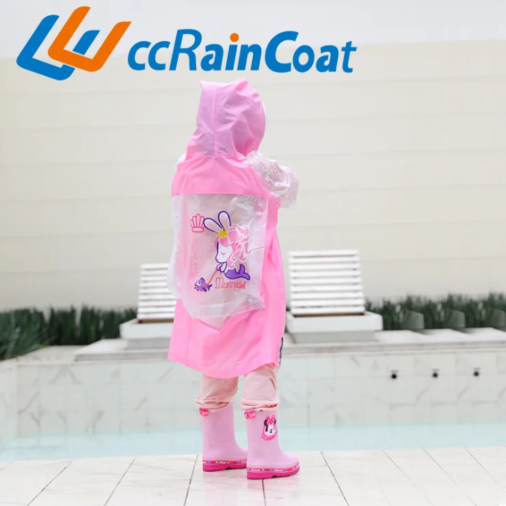 Factory wholesale Long Cute Colorful pvc raincoat for kids children waterproof with School Bag space
