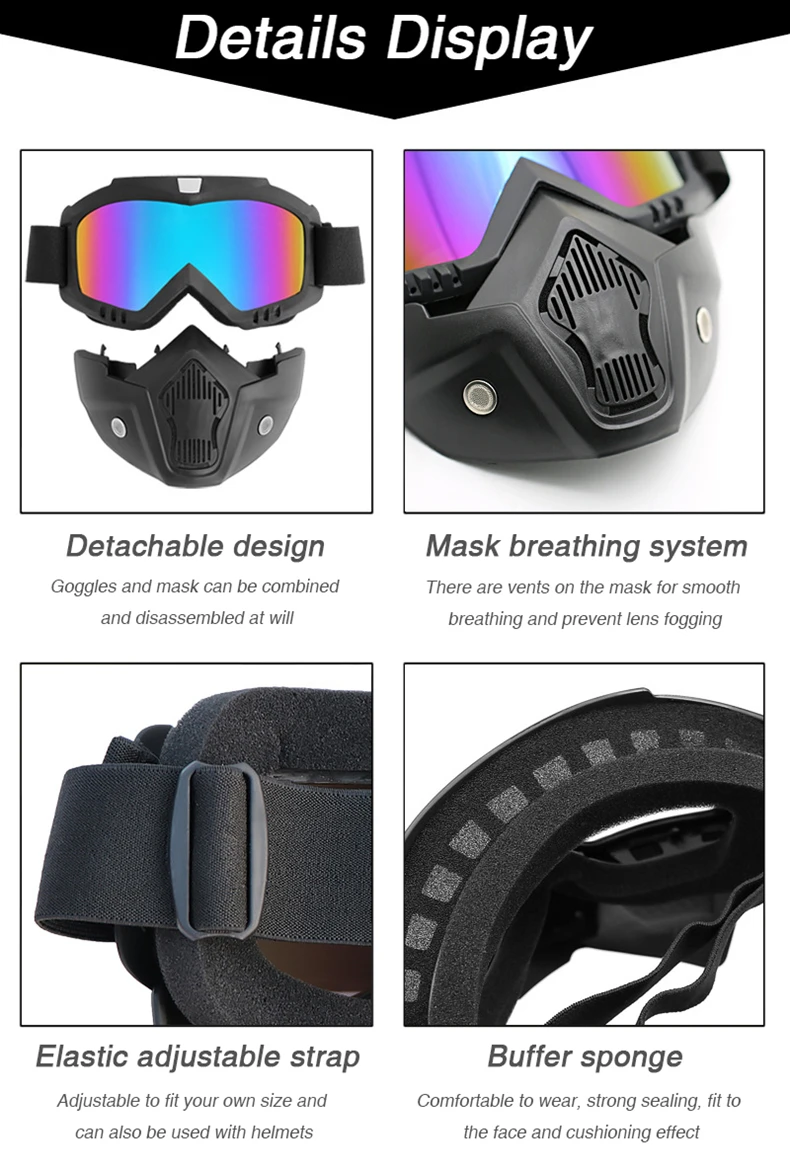 Hot Sales Modular Bike Mask Detachable Goggles And Mouth Filter Perfect for Open Face Motorcycle Half Helmet or Vintage Helmets