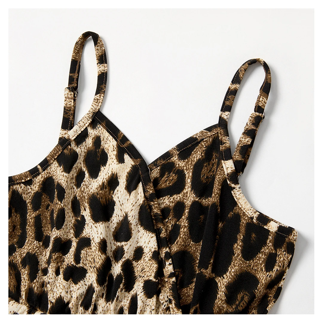 
Summer Mommy and Daughter and Baby Animal Print Outfits Cougar Mom Sleeveless Jumpsuit Baby Romper Sets Printed Girls Baby Girls 