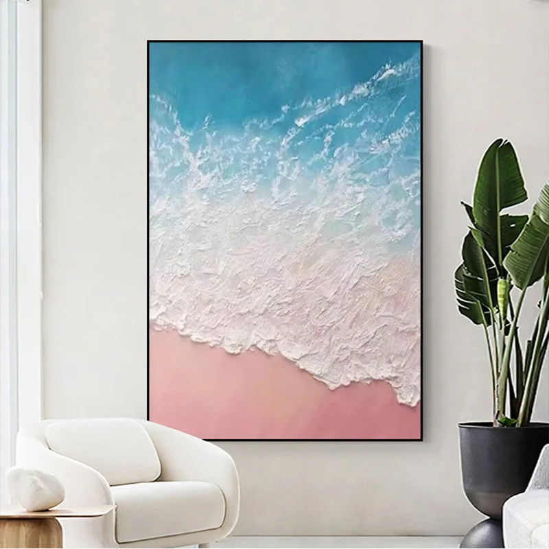 Hand Painted Abstract Canvas Wall Art Beach Waves Picture Living Room Home Decor with Frame Oil Painting
