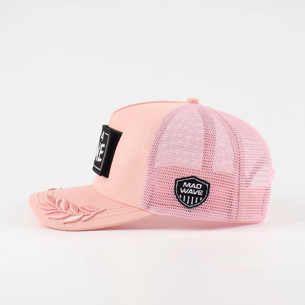 Personalized Pink Trucker Hat Wholesale Pull Patch Structured Snapback Printed Inner Tape Mesh Caps With Flat 3D Embroidery Logo