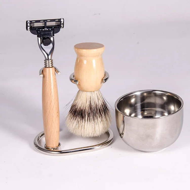 Роскошный мужской набор для бритья включает кисть для бритья барсука с ручкой из бичевого дерева Роскошная ручная безопасная бритвенная щетка и подставка для бритвы миска для мыла