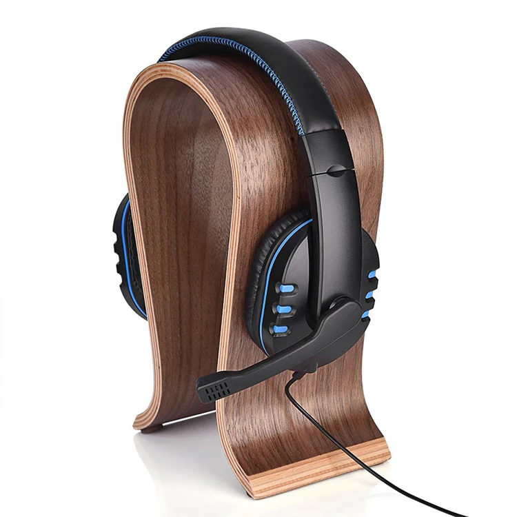 Fashion Walnut Surface Desktop Wood Headphone Display Stand For Gaming And Office