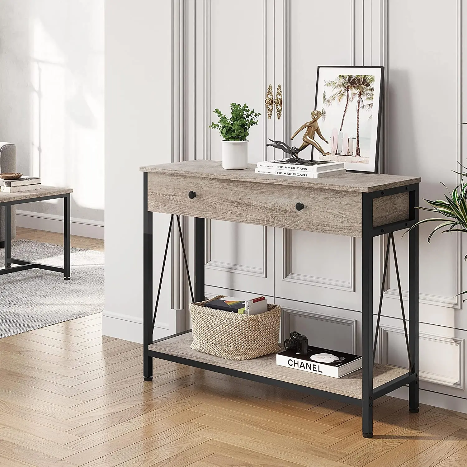 Industrial rustic antique narrow hallway entryway living room furniture metal wooden console table