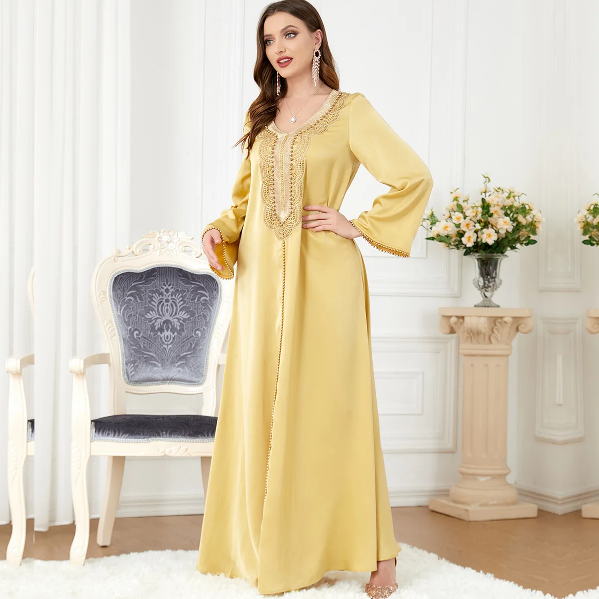 3287Soild O Neck Abaya Women Gold Colours Embroidery Luxury Muslim Dresses Classic Muslim Dress Indonesia
