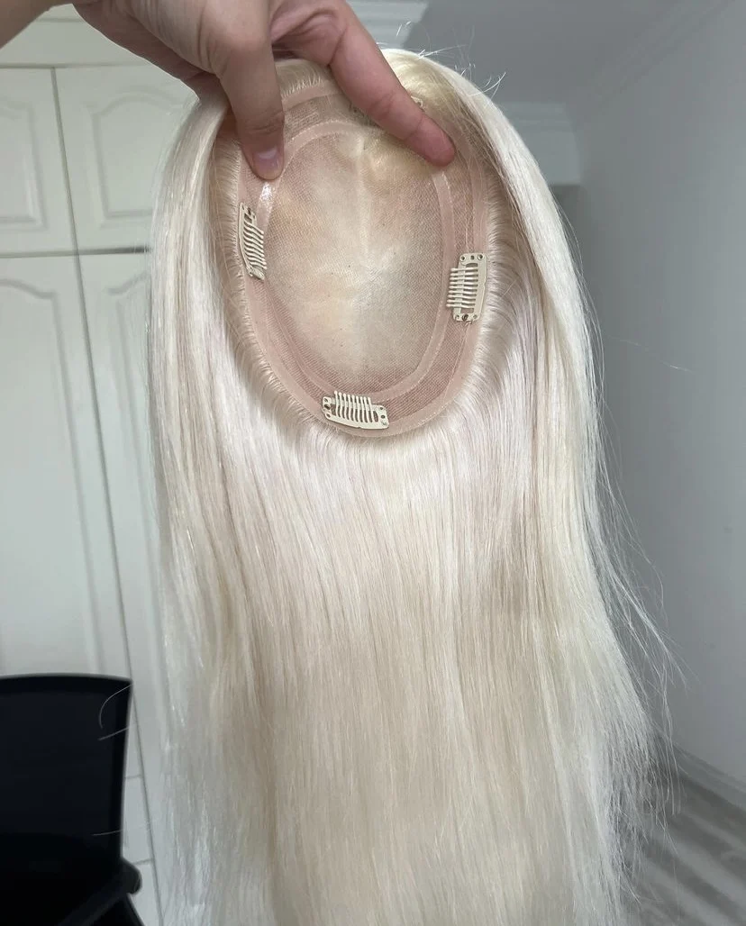 ash blonde silky straight 100% European virgin human hair 18inch 150% silk base lace with double pu mono topper for white women