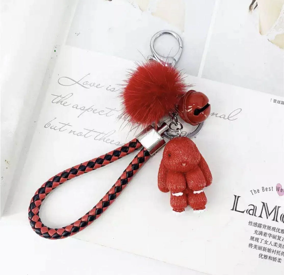 
Cute rabbit from resin, keychain of mink fur, globular cartoon key for keys in the form of a rabbit for women, 