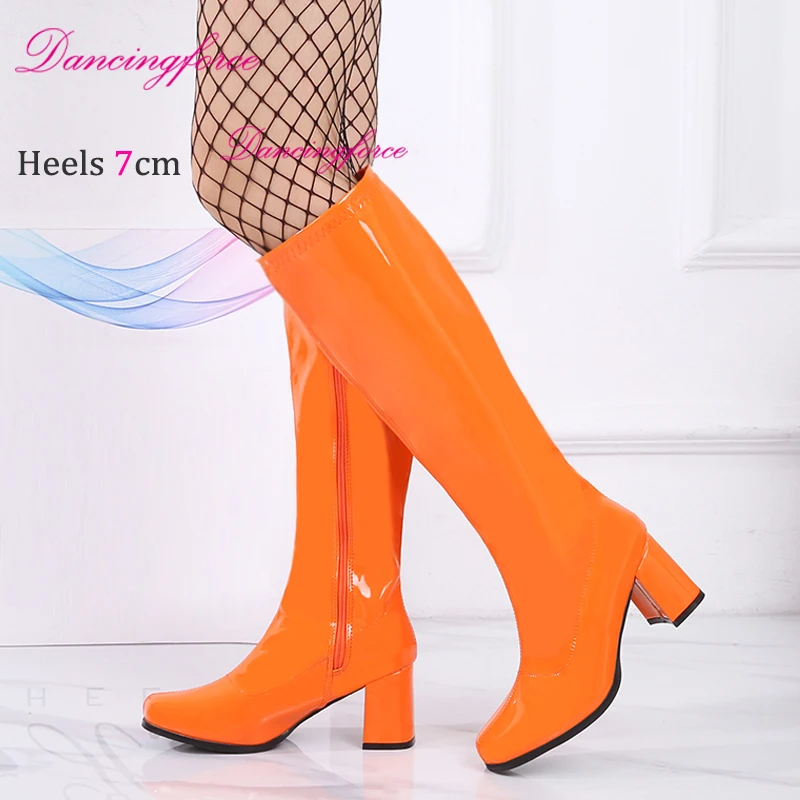Orange Sexy Retro 60s 70s Gogo Boots 7cm Chunky Heel Knee-High Club Boots Women CrossDressing Unisex Shoes Plus Size 46