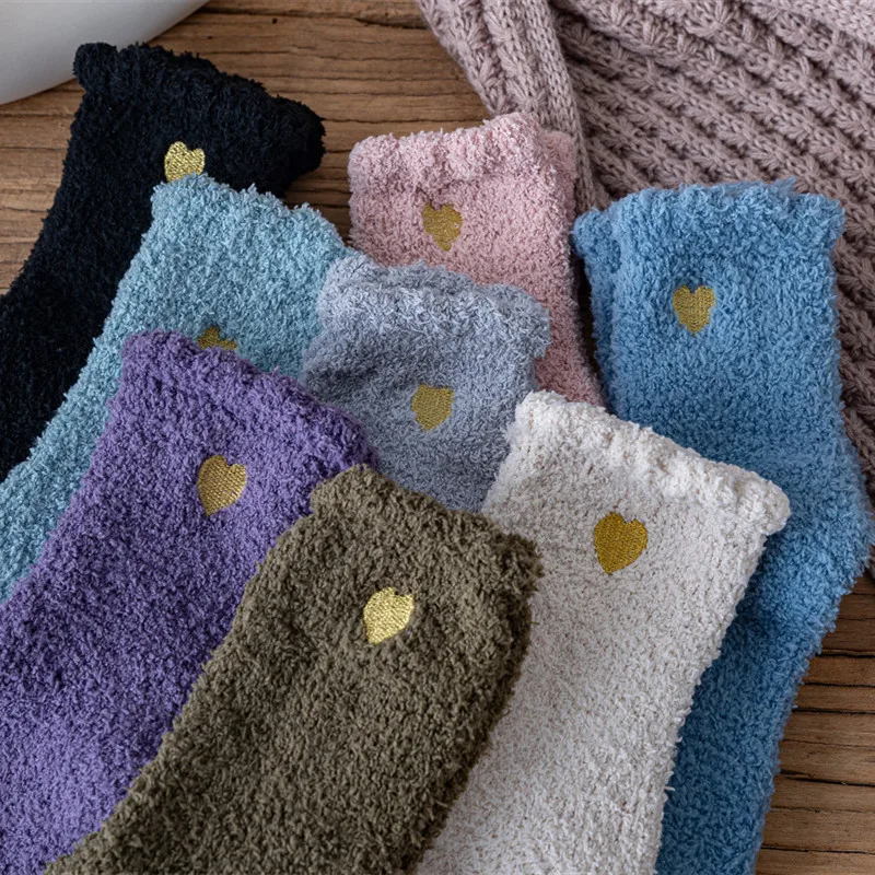 Wholesale Embroidery Logo Winter Keep Warm Thick Terry fuzzy Coral Bed Sock floor sleeping socks Women Girl Soft Crew Socks