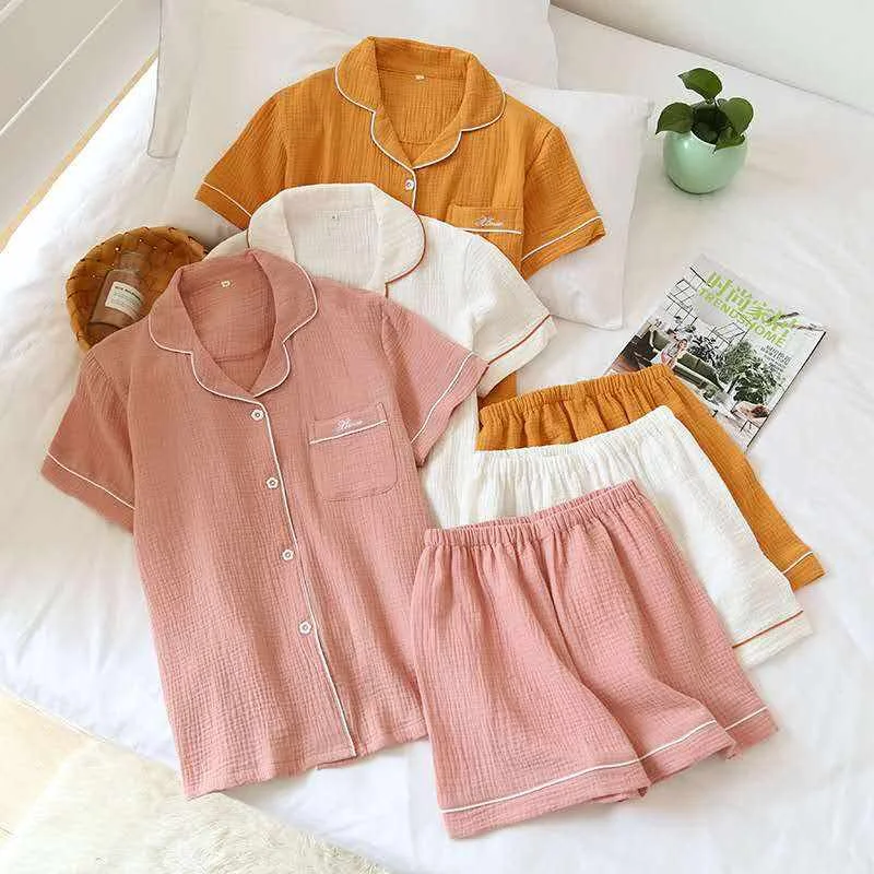 pajamas for couple cotton pyjamas women Pajamas Sleepwear Pijamas  Set Texture Crepe Gauze short sleeves pajama men pyjamas set