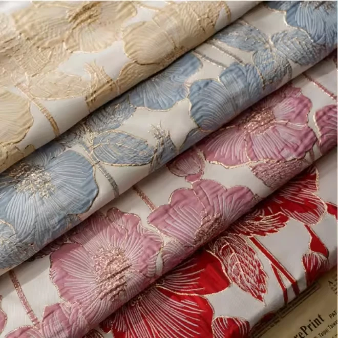 Vintage Gold Silk Jacquard Fabric with Large Flower Embossed Texture Yarn-Dyed for Spring Dresses Mixed Fabric