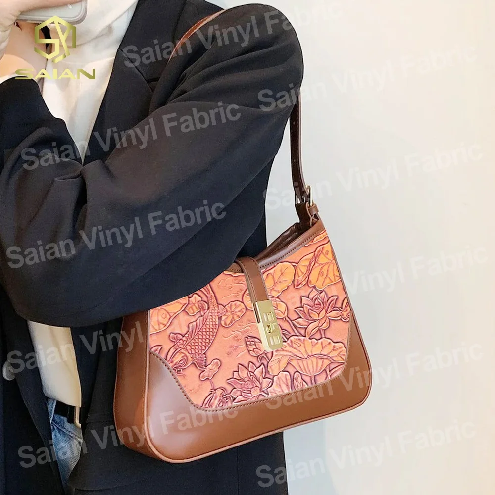New Design 3D Engraved Koi Lotus Flower Fish Pattern Embossed Faux Vinyl PVC Leather Fabric For Bags Shoes Upholstery