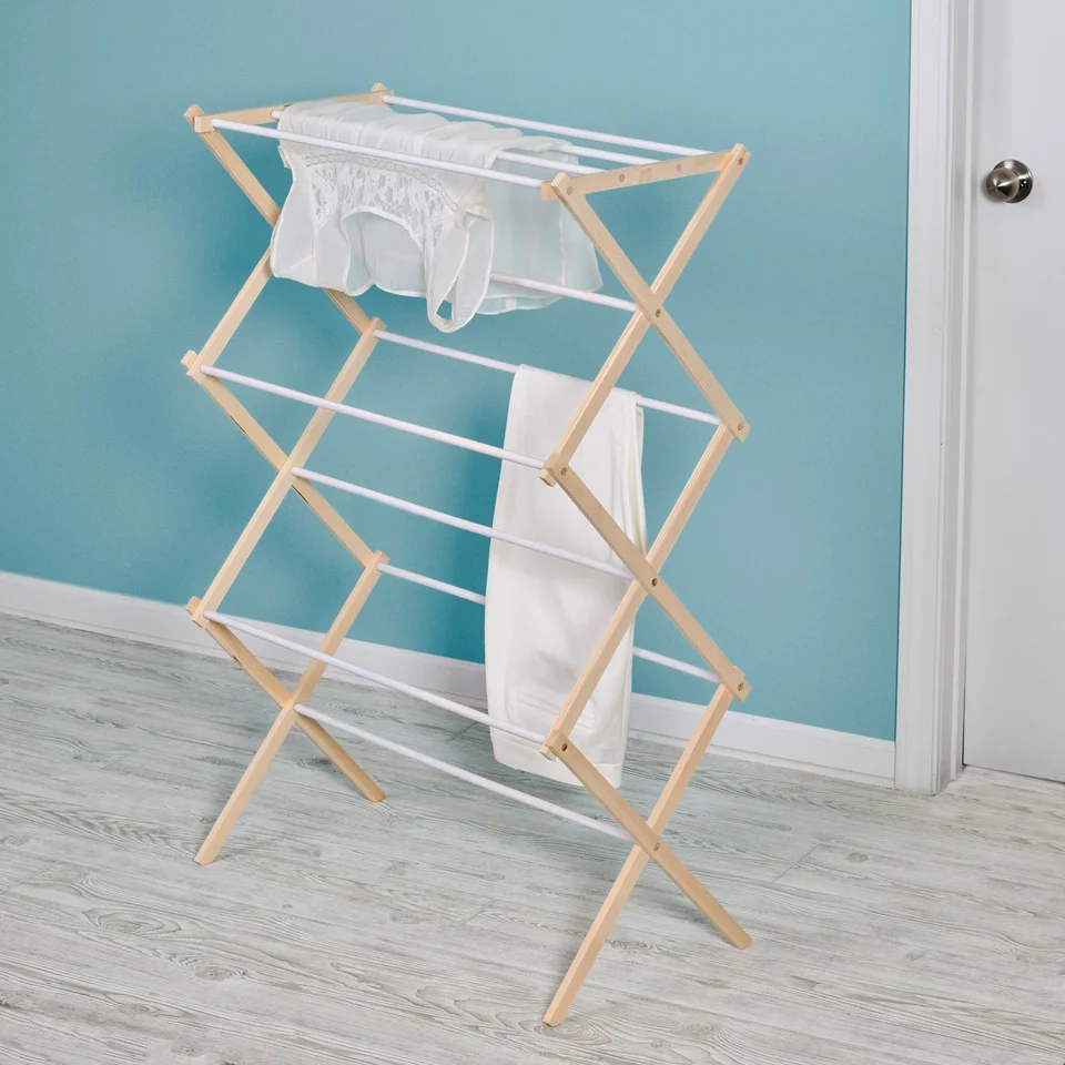 eco-friendly shelf hanger for displaying dry wood bamboo wooden cloth laundry foldable free 3 tier clothes drying rack