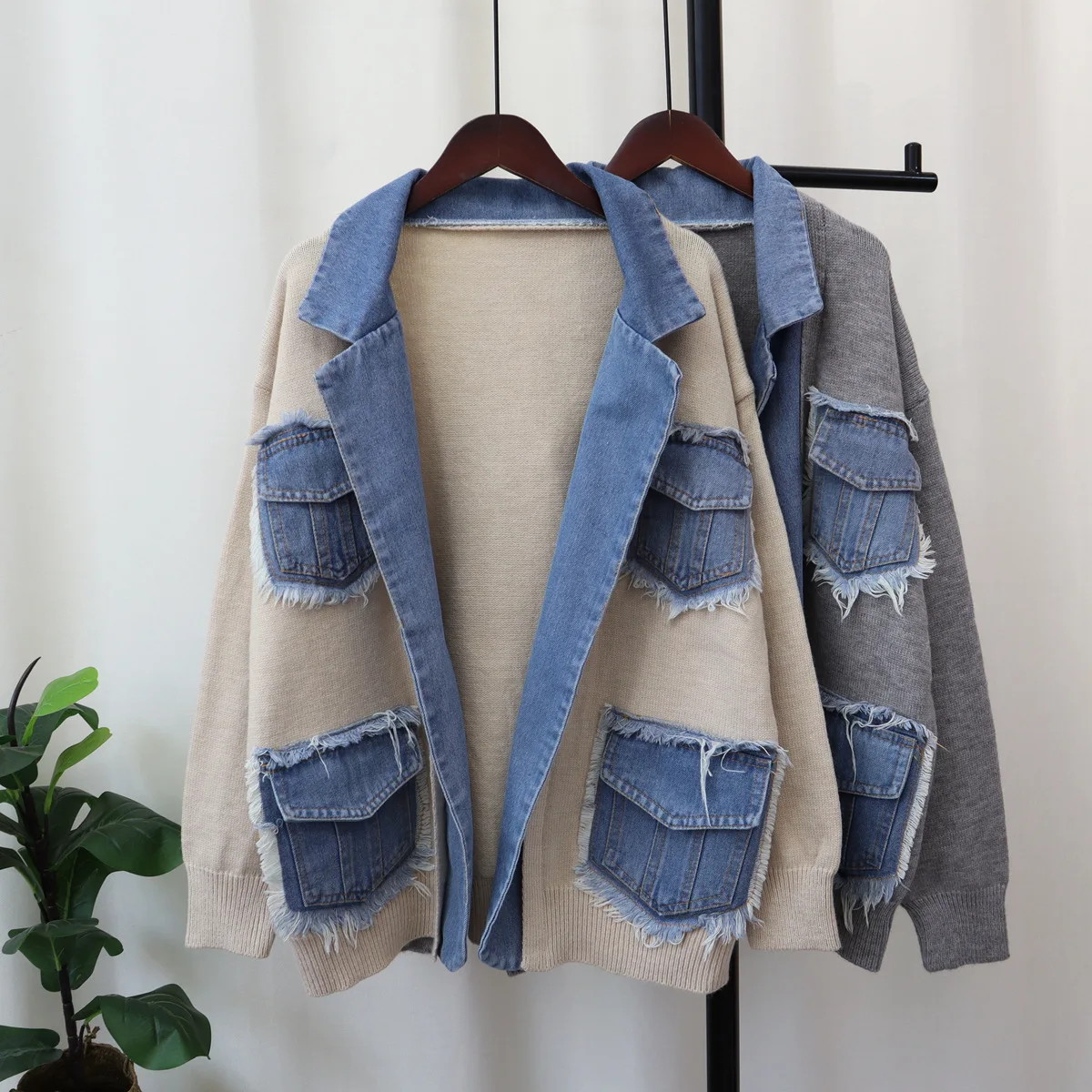 ZHEZHE 2024 New Arrivals Ready To Ship Winter Warmly Thick Sweaters Patchwork Denim Jeans Coats