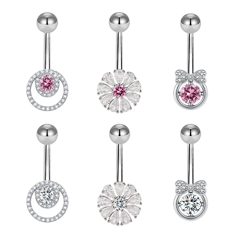 14G Navel Piercing Garden Series Pink Flower Belly Button Titanium Gold Silver Plated Belly Piercing Jewelry