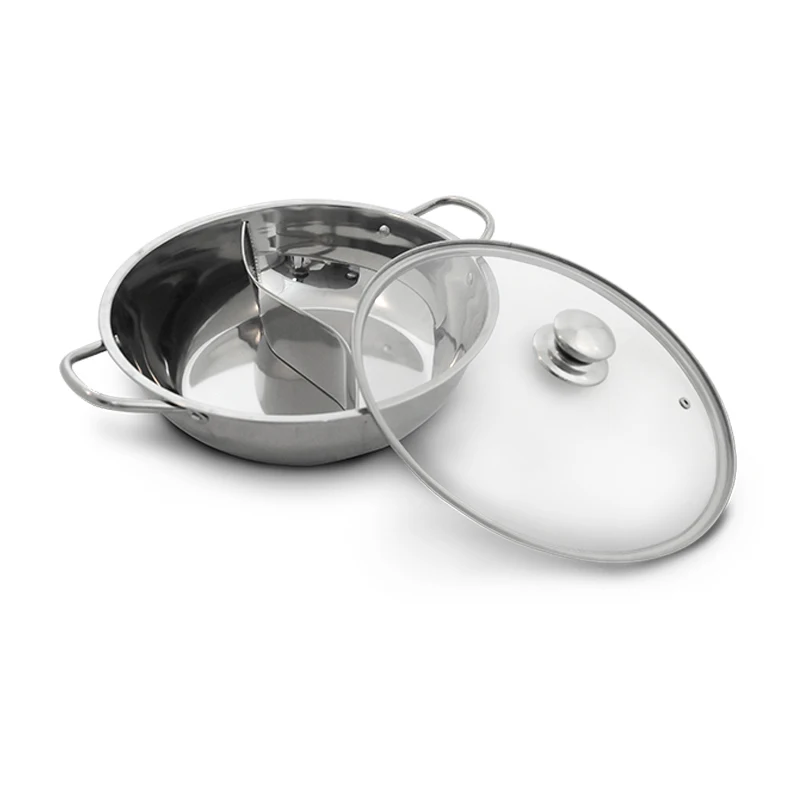 Chinese 304 Stainless Steel Cooking Pot Two-Flavor Hot Pot With Divider Soup & Stock Pot With Glass Lid