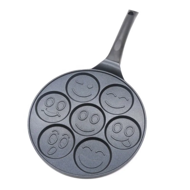 Smiley Face Black Nonstick 7 Holes Pan Induction Mini Pancakes Shapes Maker Soft Touch Handle Pancake Pans for Kids