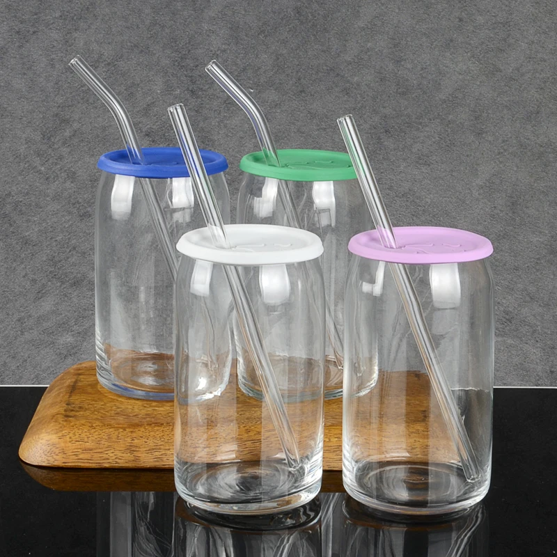 custom logo beer glassware set of 6pcs beer glasses soda cup can shape glass 16oz glass beer can with lid and straw