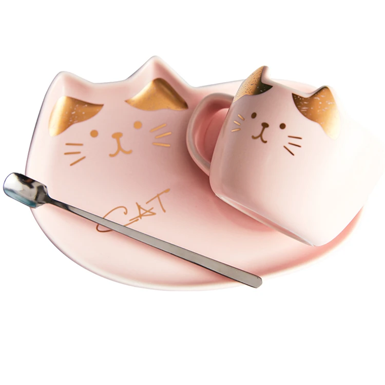 Unique design custom cogo cat shaped porcelain latte coffee cup with dessert plate