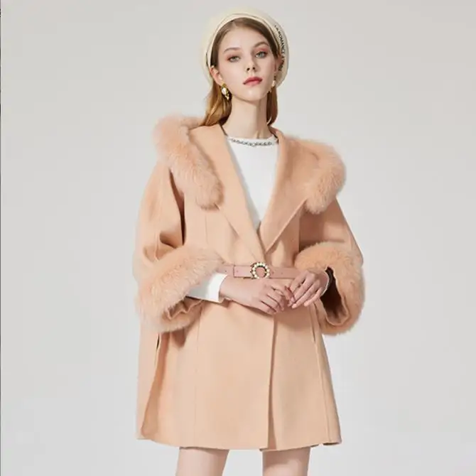 Custom Wool Fleece Oversize Belt Style Cashmere Wool Coat Detachable Fox Fur Collar Wool Coat Women Winter Women Coat with Fur