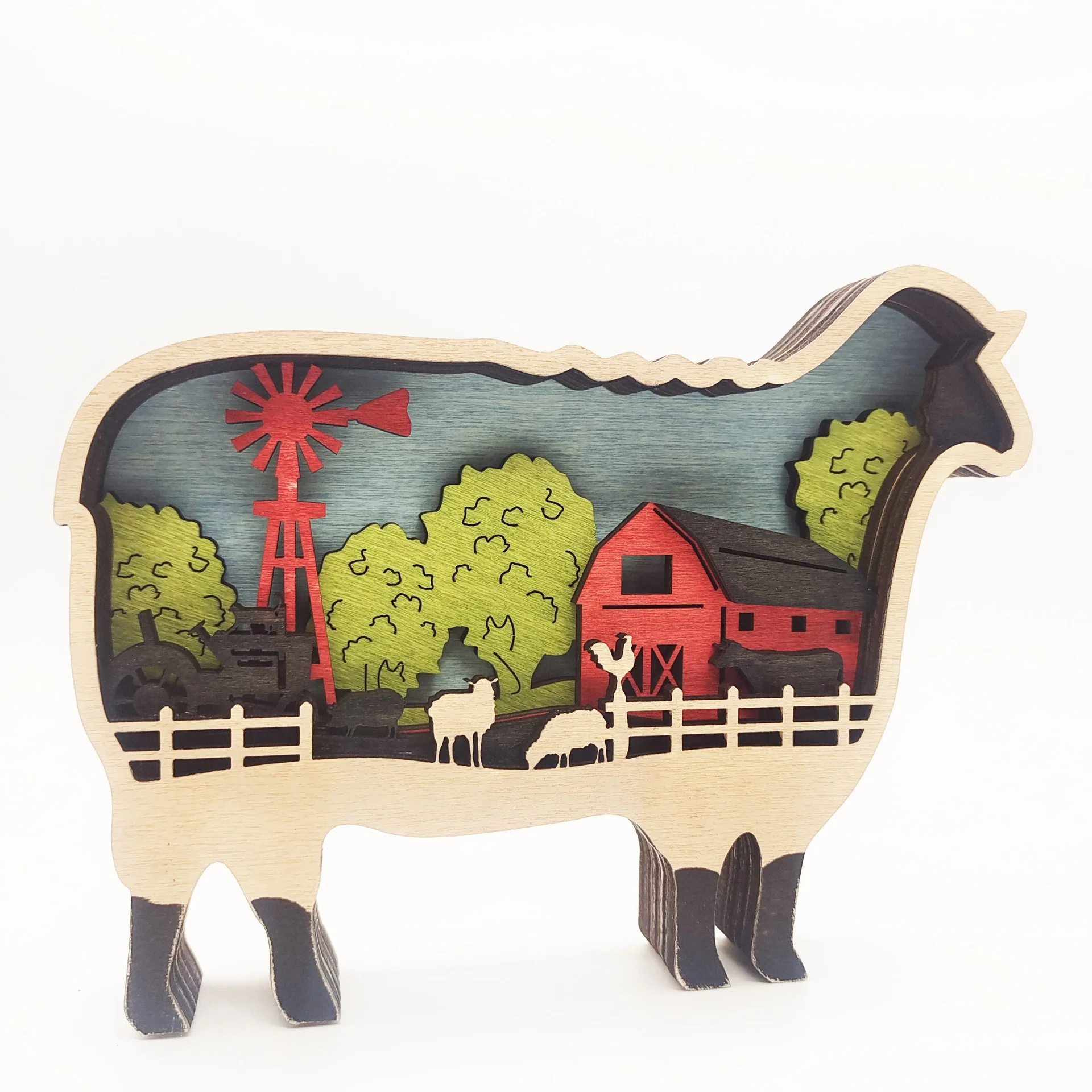 Hot sale Wooden carved farm cattle sheep pig tabletop craft ornaments creative farm animal home ornament