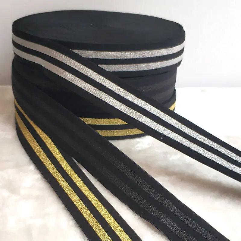EL002 manufacturer hotsale 5cm golden stripe elastic band with gold yarn lurex webbing