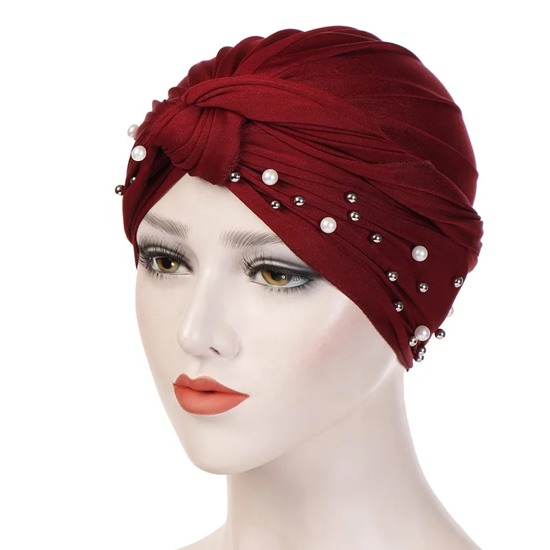2020 Muslim Hijab Women Arab Pearls Head Scarf Plain Color Indian Cotton Cap