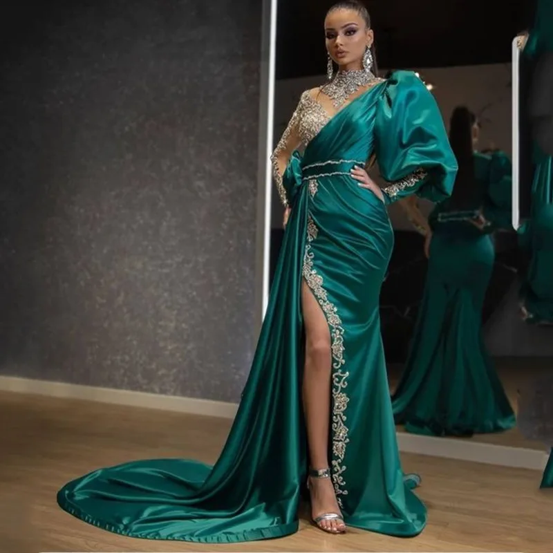 Green sequins trumpet/mermaid dress party evening noble woman full sleeves long prom dresses 2021