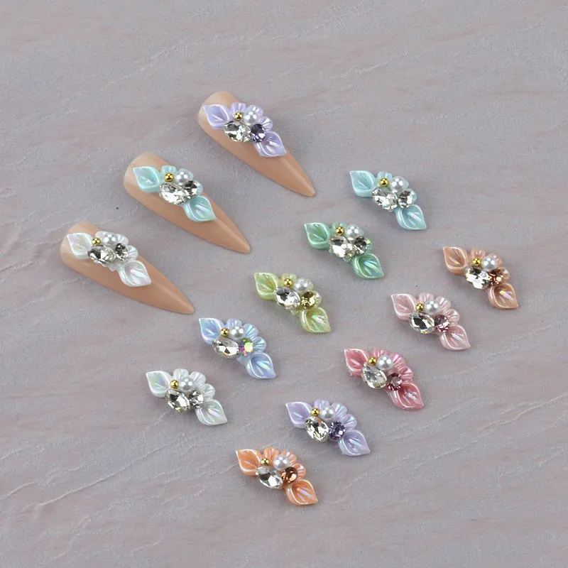 Nail Art Carved Resin Decorative Accessories InIaid With Special Rhinestone Pearl 3D Aurora Petal Nail Paste Decoration Supplier