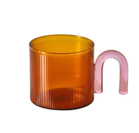 Wholesale Customized High Borosilicate Ribbed Tea Glass Cup Water Latte Mug With Arch Handle