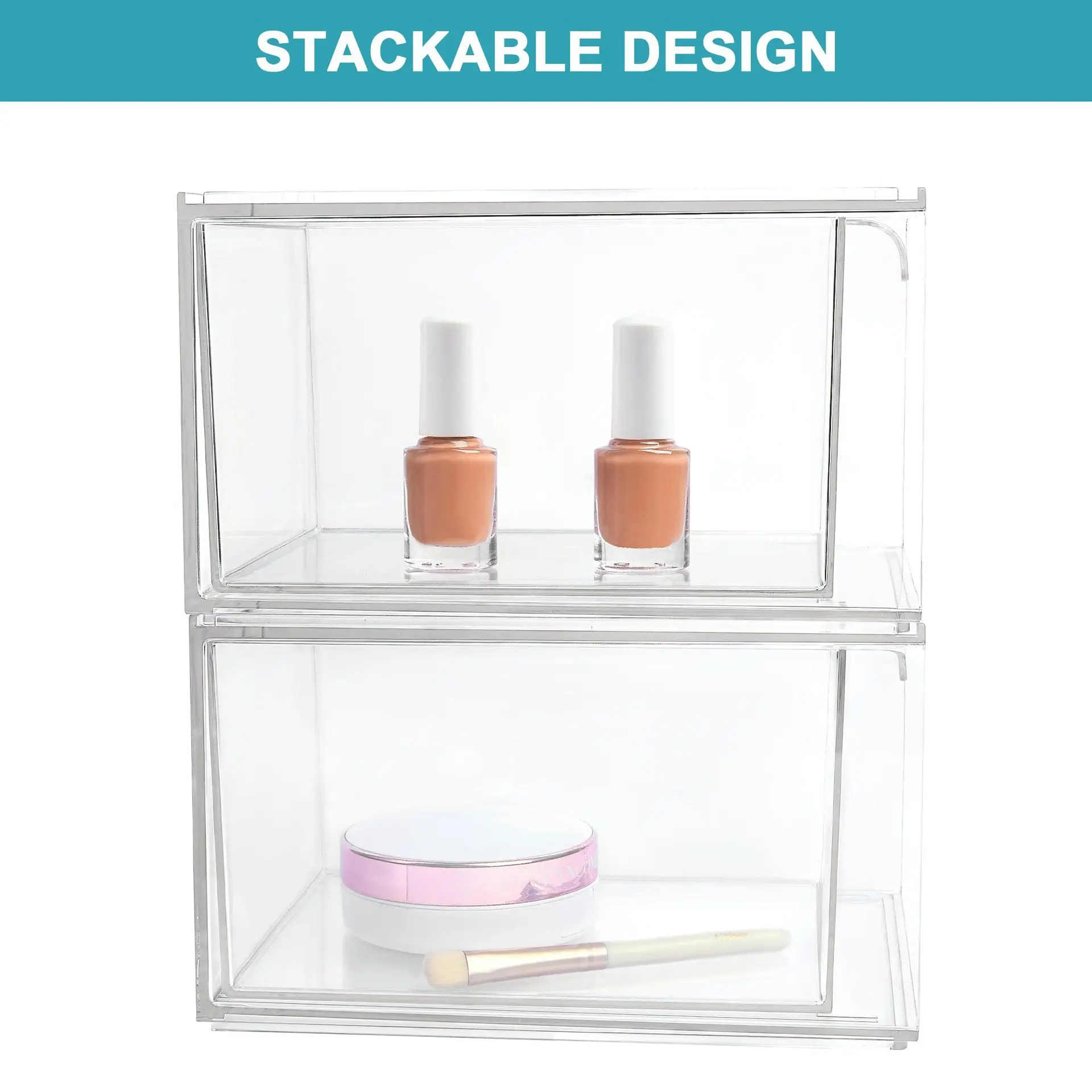 Plastic Stackable Bathroom Storage with Pull Out Bin Organizer Drawer for Cabinet or Closet Organization