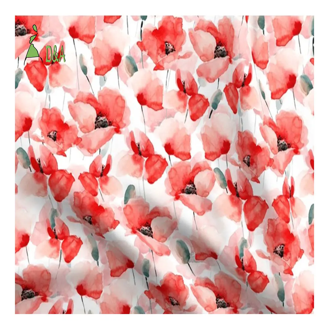 Beautiful Watercolor Floral Red Poppies Botanical Garden Printed Fabric 100% Rayon Fabric For Garment