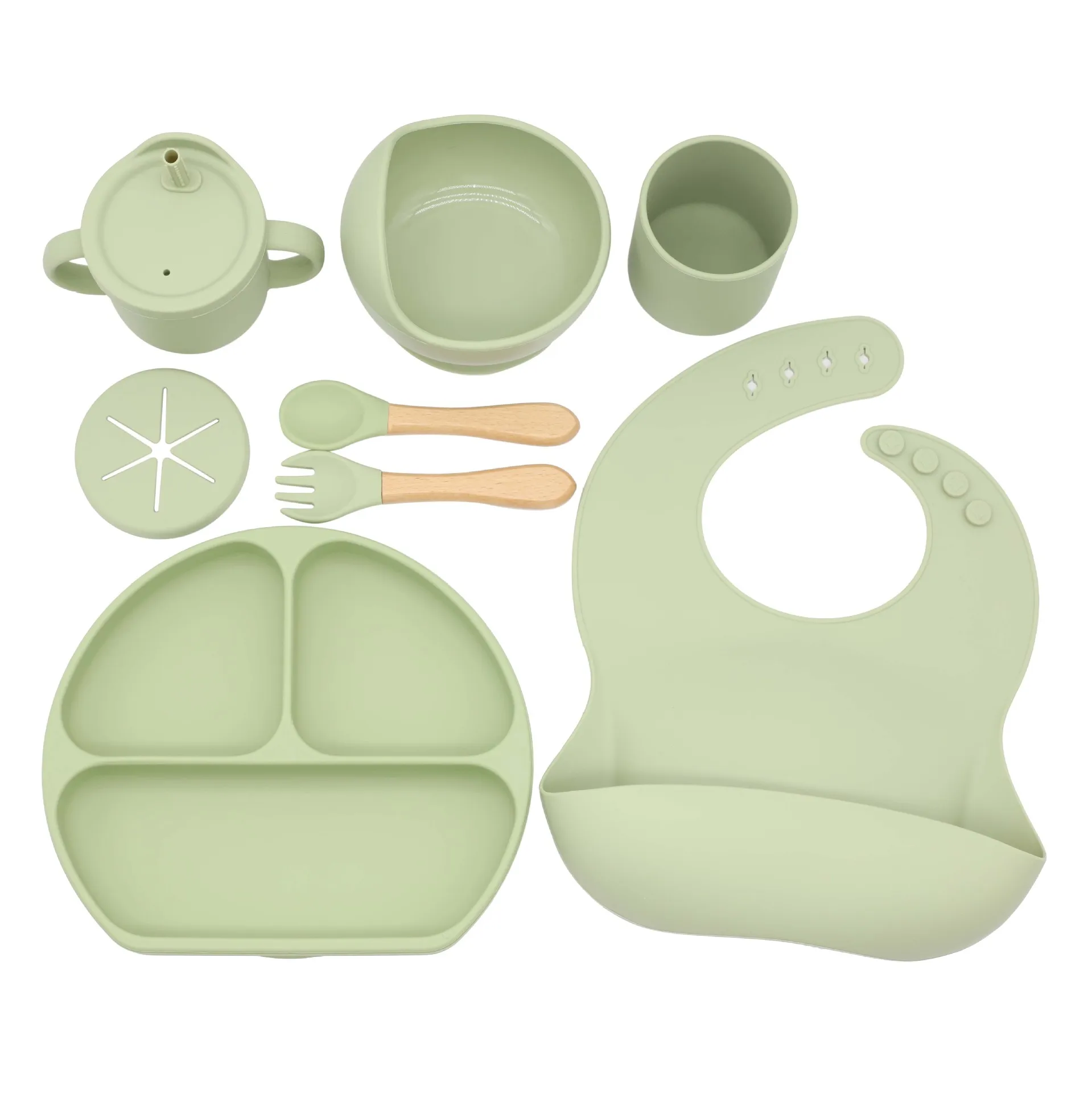 Custom Silicone Factory Outlet 8 piece set  Feeding Baby Utensils Set kids Plate Suction Bowls for Baby with Spoon Fork