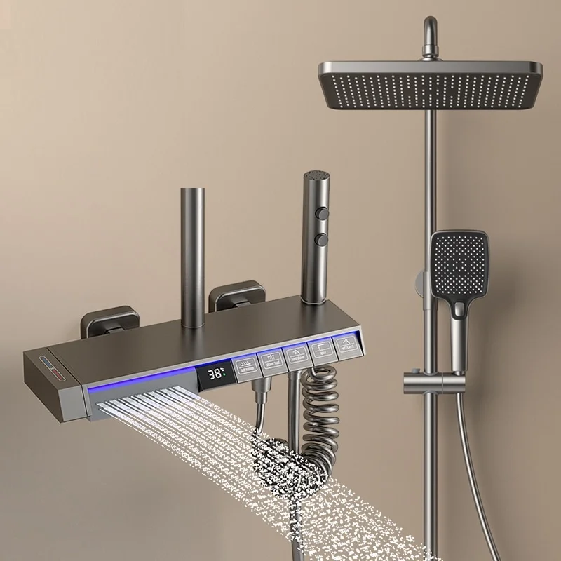 Piano Key Shower Set Gray Bathroom Digital Display Faucet Shower System Set Bathtub Hot and Cold 4 Functions Tap Shower Set