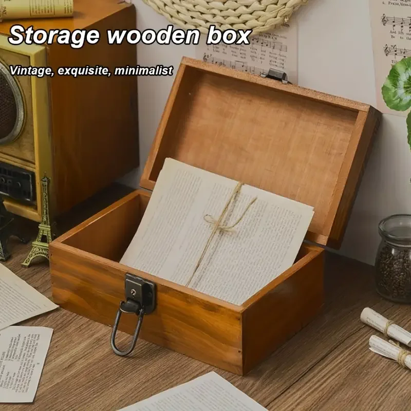 Wooden storage box retro lockable desktop storage solid wood documents miscellaneous storage jewelry box