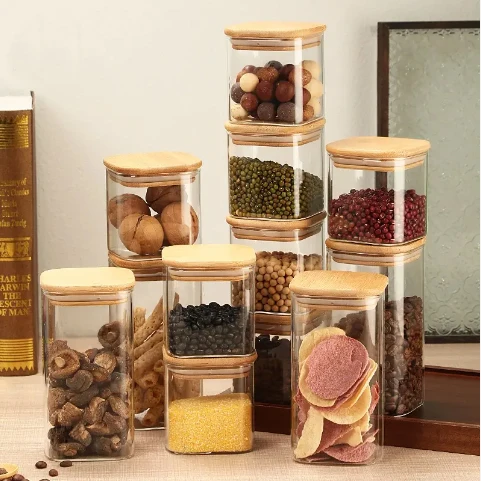 Square Airtight Kitchen Organizer Transparent Glass Food Storage Jars With Bamboo Lids