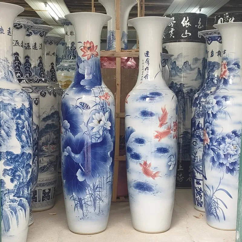 1.8M Luxury Ceramic Huge Floor Vase Hand-painted Blue and White Porcelain Lotus Peony Floor Vase Decoration for Office Hotel