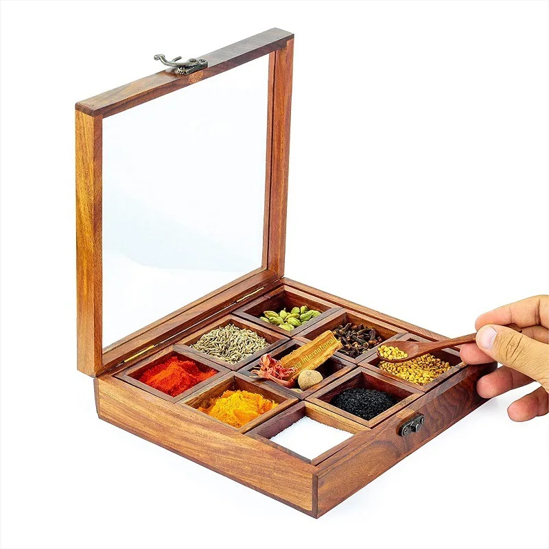 Masala box dabbalock wooden spice rack containerutility box hand crafted square spice box