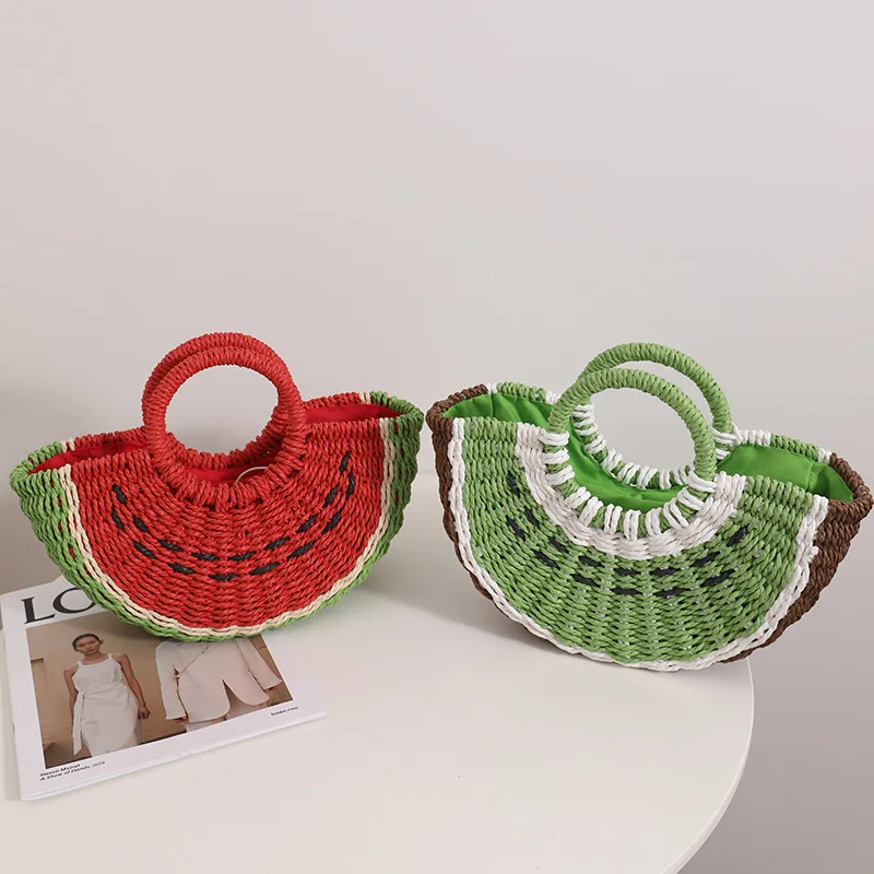 Candy color watermelon hand-held straw bag New cute fruit woven bag seaside holiday beach bag