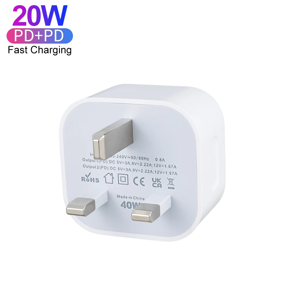 Charger UK Dual 20W USB C Port PD Fast Charger Type C Foldable Wall Charger UK Plug for iPhone 15 14 13 Pro Max