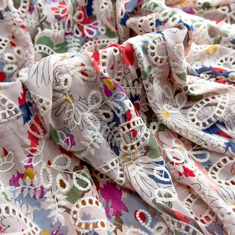 Custom Newest Swiss Voile 100% Cotton Hollow Out Printed Silk Chiffon Embroidered Lace Fabrics With Rayon Regular