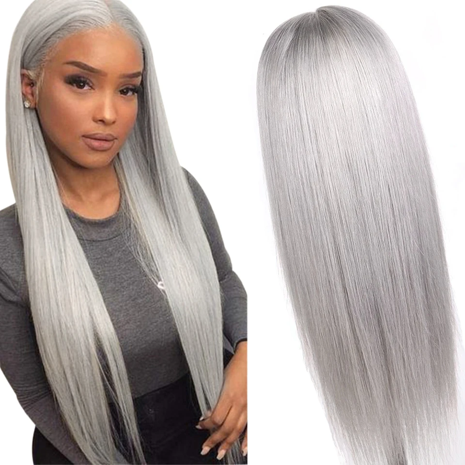 
JRX Wholesale Long Color Grey Silky Straight Brazilian Human Hair 4x4 Lace Closure Wigs With Transparent Lace Perruque 