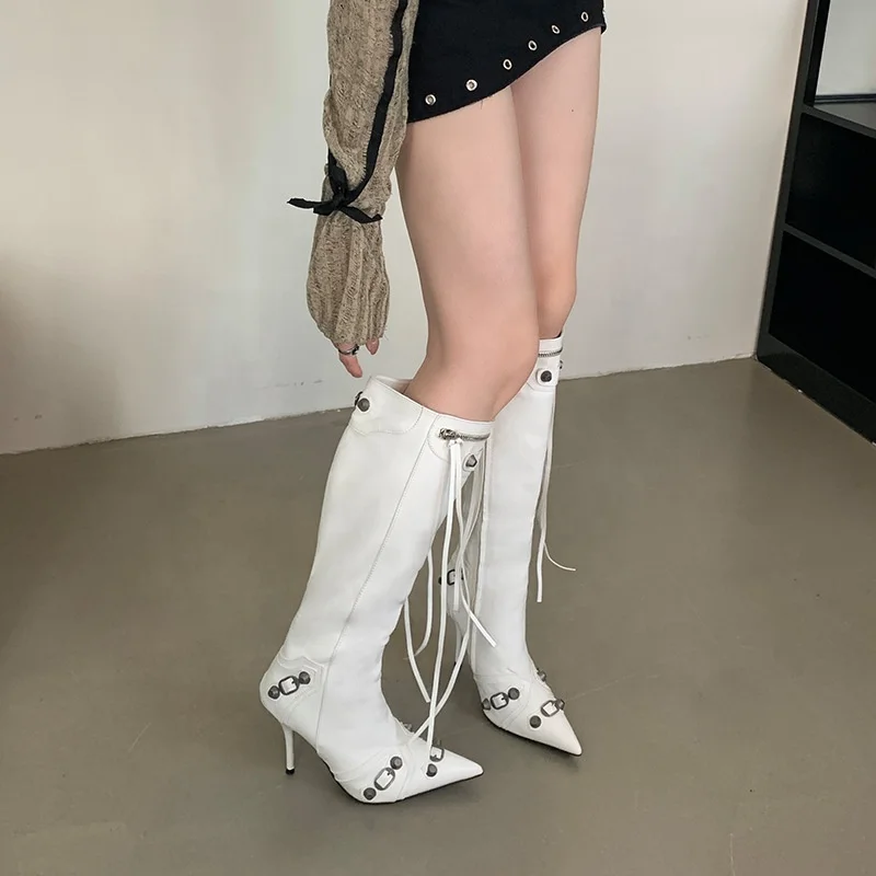 Dropshipping Custom Logo Punk Style StillettoThin High Heels Boots Fashion Women Metal Rivet Knee High Motorcycle Boots Big Size