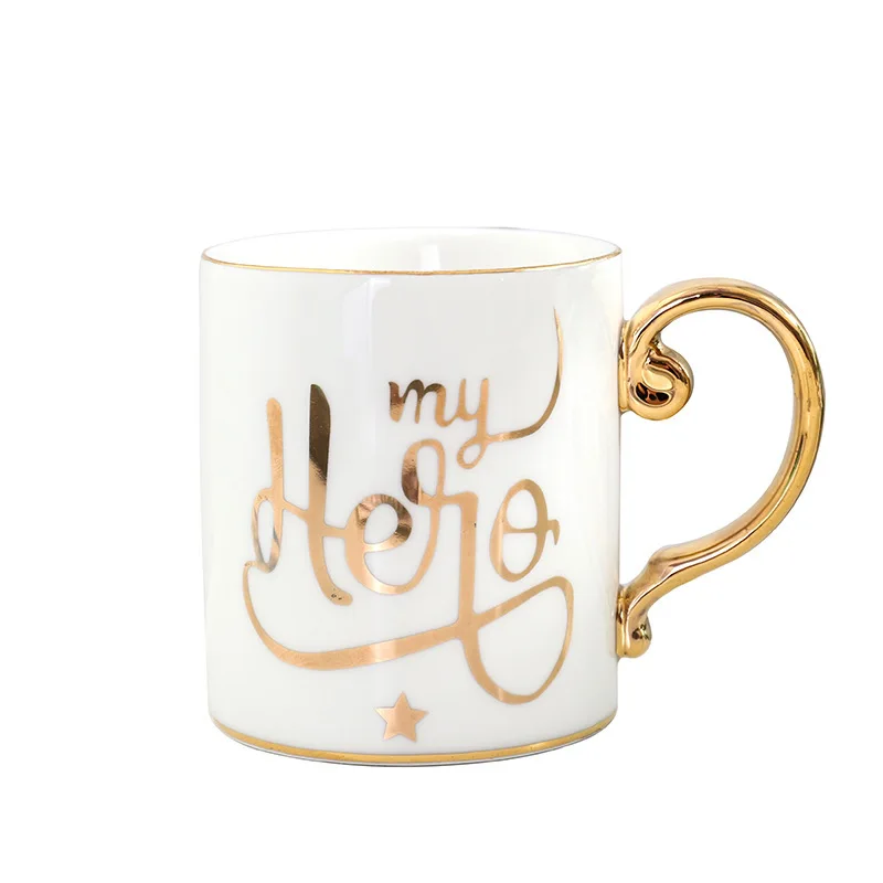 Home Decor Ceramic Mugs with Gold Handle Porcelain Coffee Cups 12 Oz. Capacity Couple Mugs