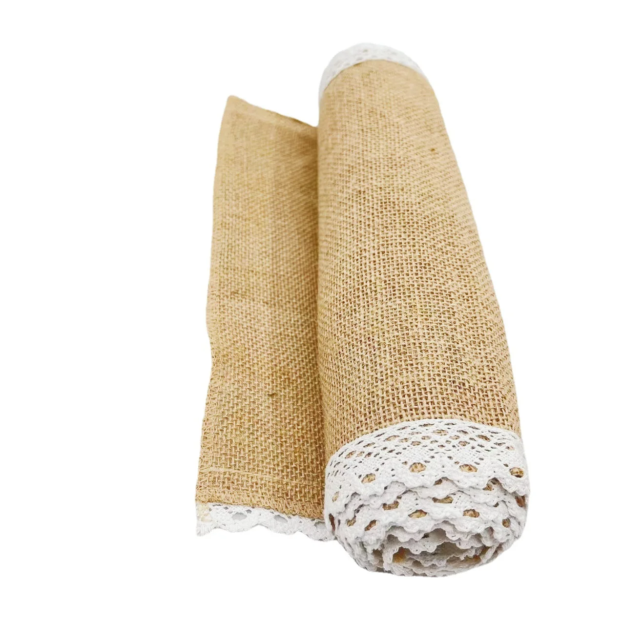 Natural jute table runner with lace decorated on two sides for wedding party banquet tablecloth