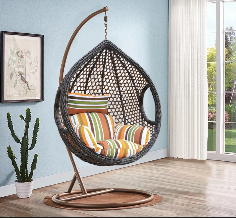 Wholesale Outdoor Furniture Living Room Rattan Egg Basket Swing Patio Chair Balcony Garden Hanging Chair With Stand and cushion