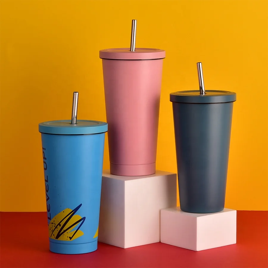 16oz Stainless Steel Vacuum Insulated Car Tumbler Travel Mugs 500ml Cup With Straw And Lids