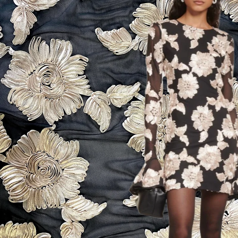 C-701 роскошный французский спандекс Тюль Кружева 3d Роза цветок вышивка сетчатая кружевная ткань для вечернего платья